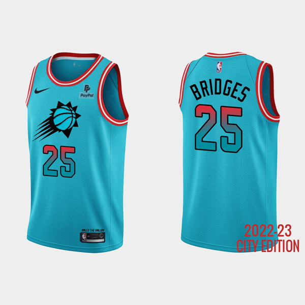 Men's Phoenix Suns #25 Mikal Bridges Blue 2022/23 City Edition With Black Payple Patch Stitched Basketball Jersey Men's Phoenix Suns #25 Mikal Bridges Blue 2022/23 City Edition With Black Payple Patch Stitched Basketball Jersey